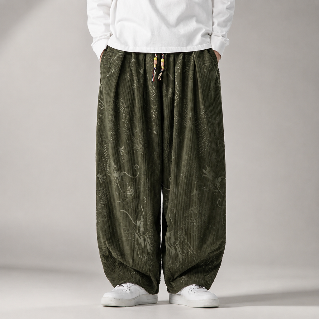 Winchester Dragon Print Wide-Leg Drawstring Pants