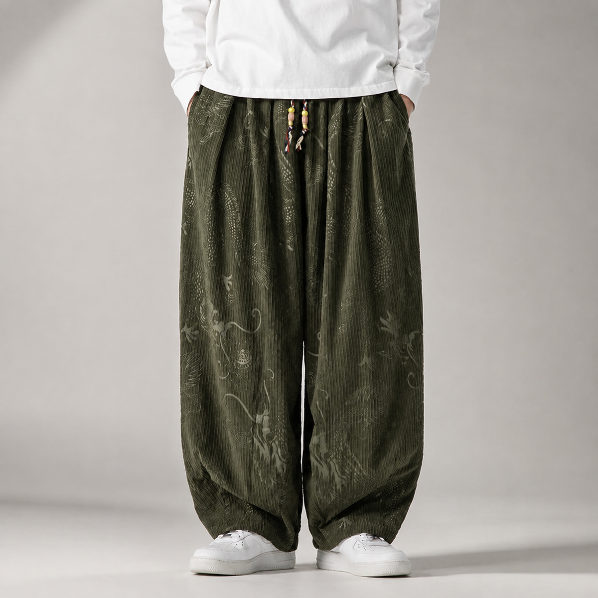 Winchester Dragon Print Wide-Leg Drawstring Pants