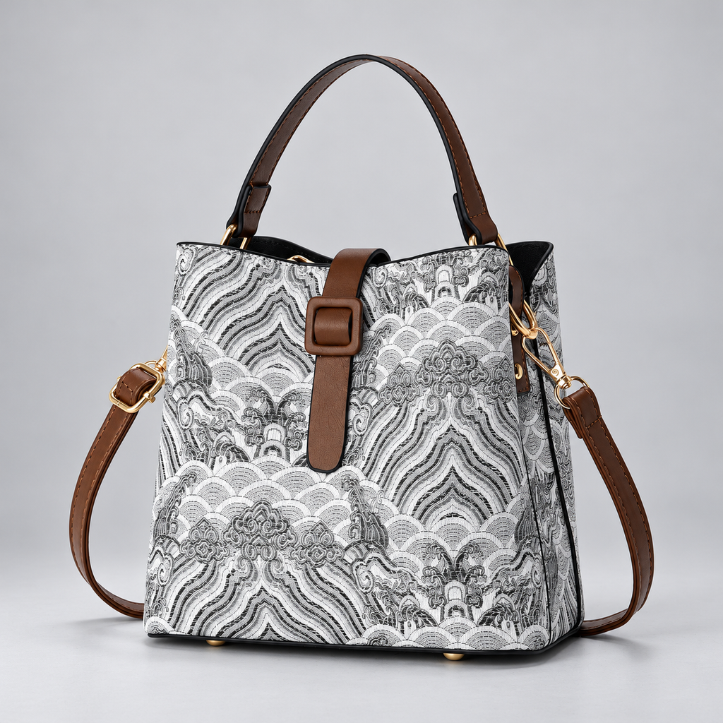 Mira Women’s Woven Pattern Bucket Handbag with Shoulder Strap