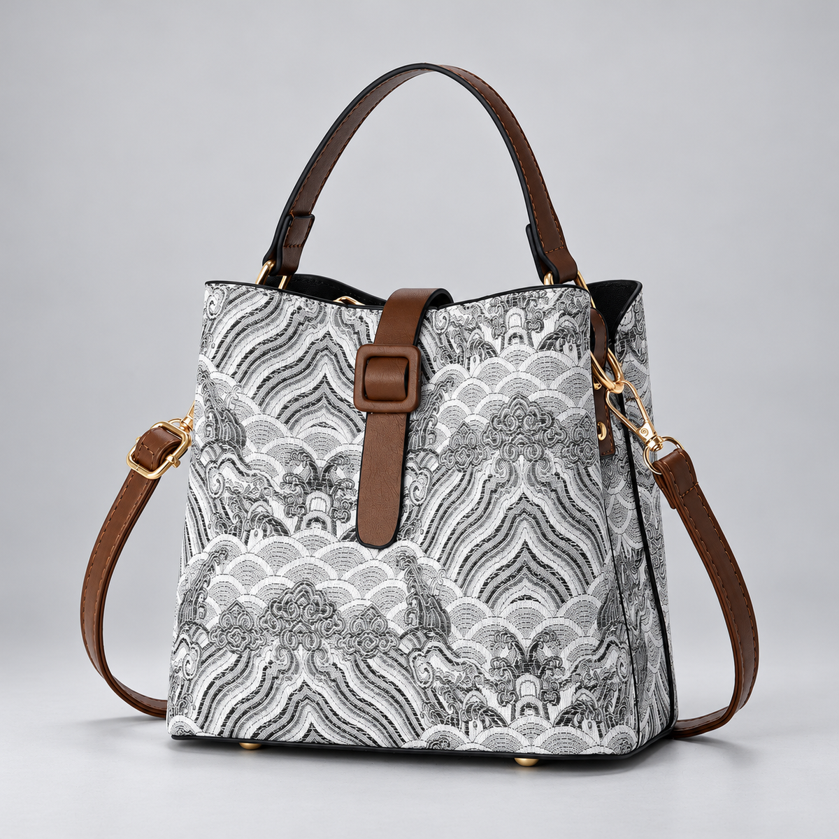 Mira Women’s Woven Pattern Bucket Handbag with Shoulder Strap
