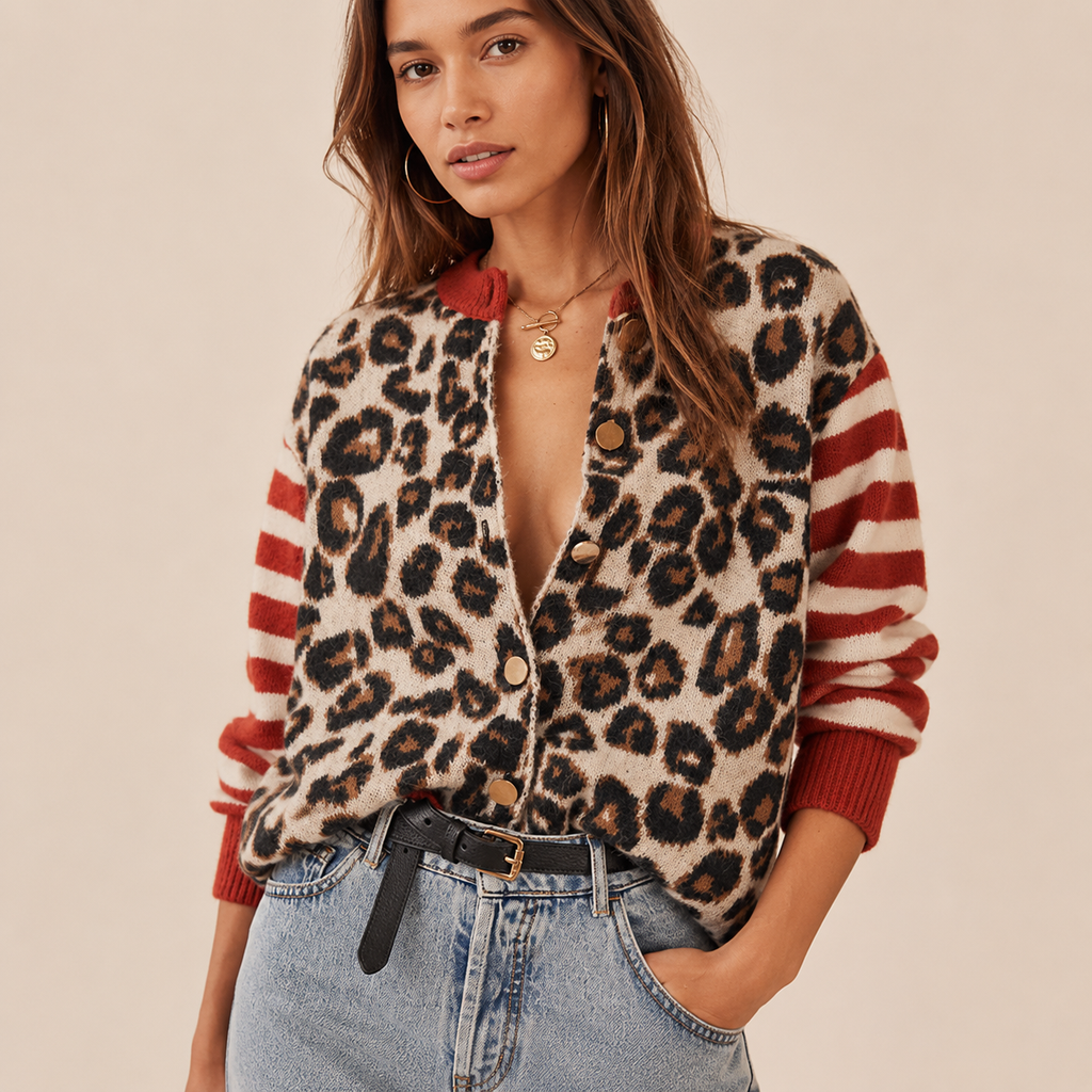 Zoe Women’s Leopard Print Wool-Blend Button-Front Sweater