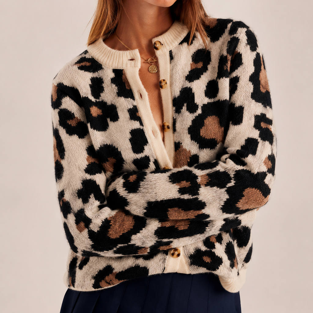 Zoe Women’s Leopard Print Wool-Blend Button-Front Sweater