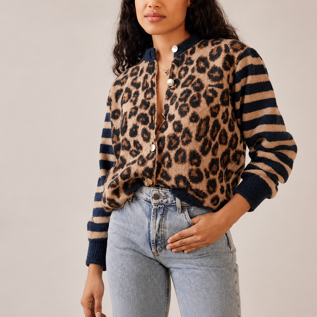 Zoe Women’s Leopard Print Wool-Blend Button-Front Sweater