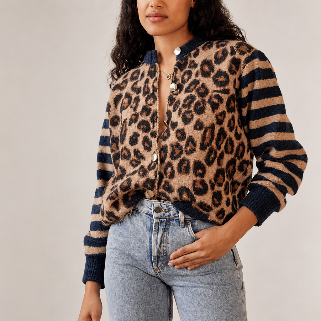 Zoe Women’s Leopard Print Wool-Blend Button-Front Sweater