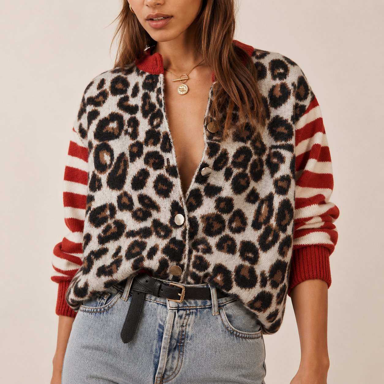 Zoe Women’s Leopard Print Wool-Blend Button-Front Sweater