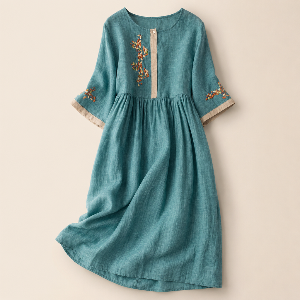 Lena's Linen-Blend Embroidered Midi Dress with Flared Sleeves