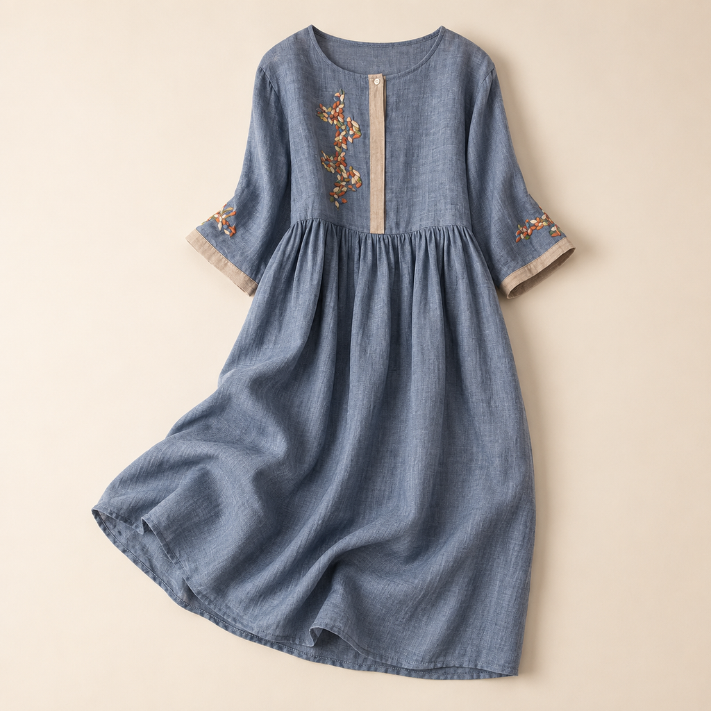 Lena's Linen-Blend Embroidered Midi Dress with Flared Sleeves