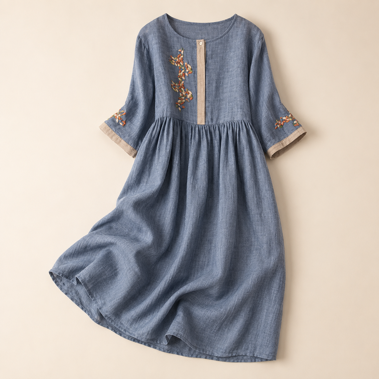 Lena's Linen-Blend Embroidered Midi Dress with Flared Sleeves