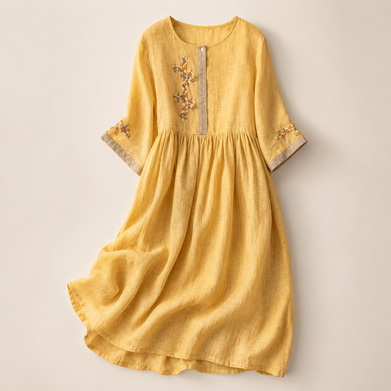 Lena's Linen-Blend Embroidered Midi Dress with Flared Sleeves