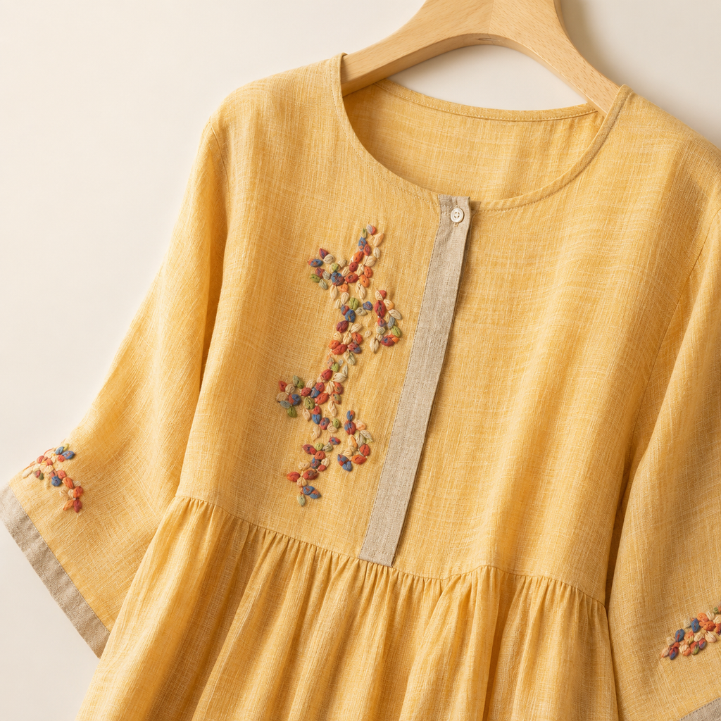 Lena's Linen-Blend Embroidered Midi Dress with Flared Sleeves