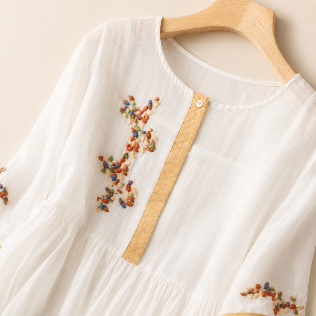 Lena's Linen-Blend Embroidered Midi Dress with Flared Sleeves