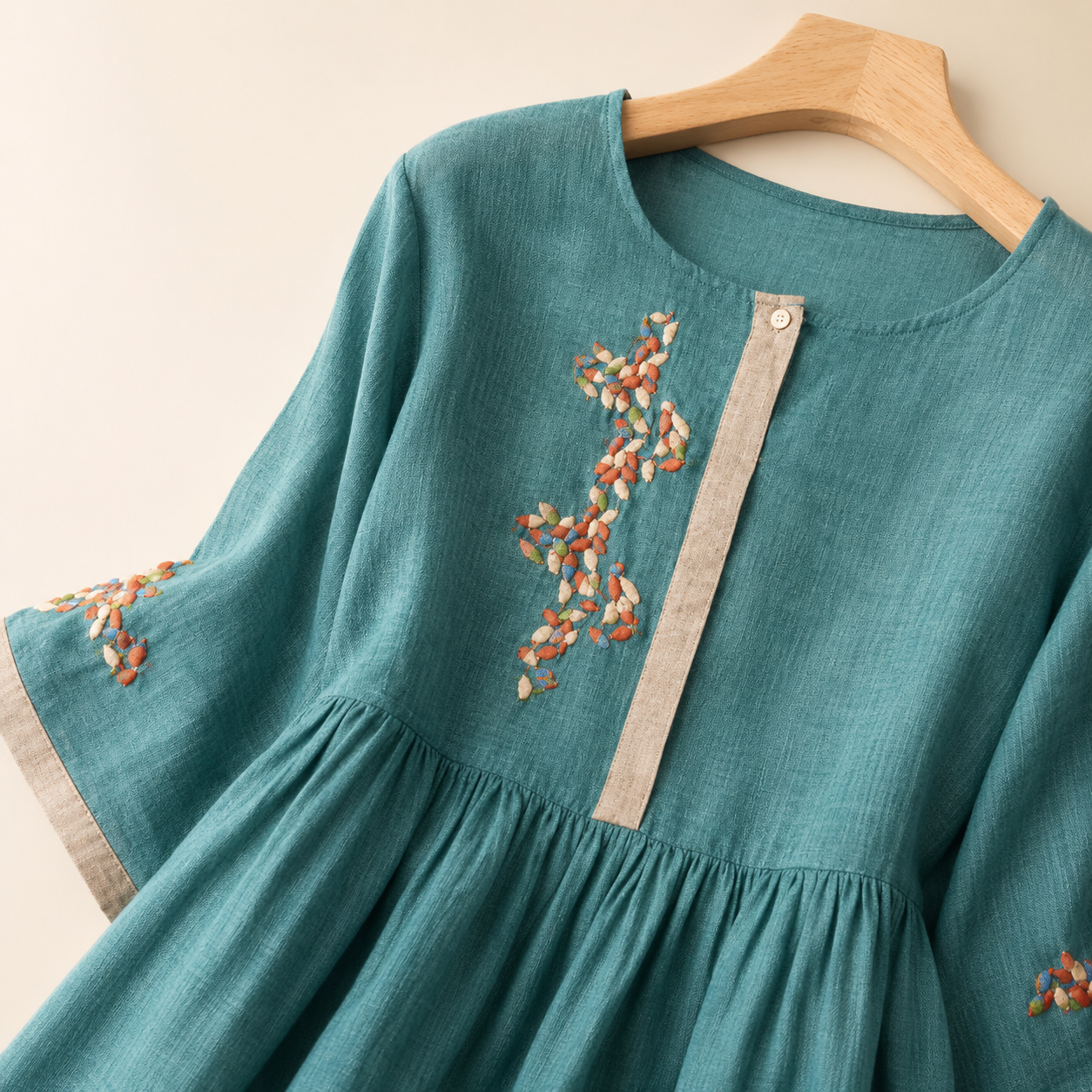 Lena's Linen-Blend Embroidered Midi Dress with Flared Sleeves