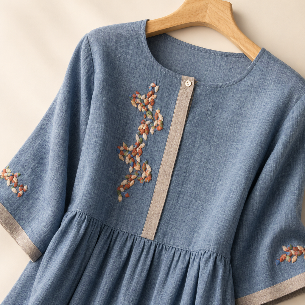 Lena's Linen-Blend Embroidered Midi Dress with Flared Sleeves