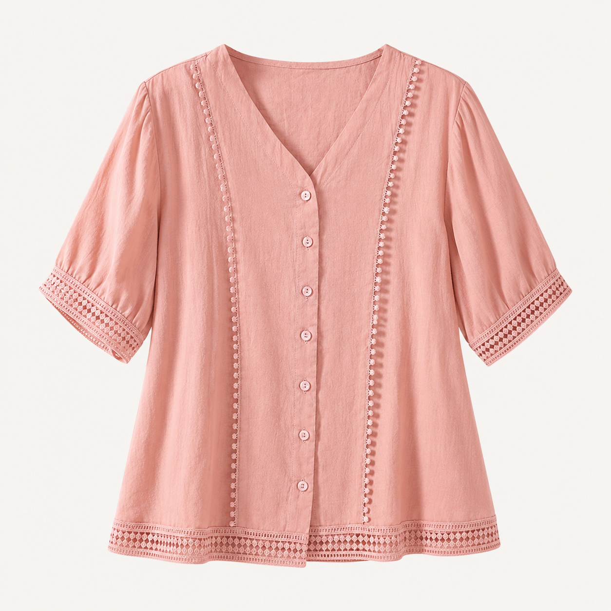 Ailany Lightweight Blouse with Decorative Trim and Lattice Cuffs