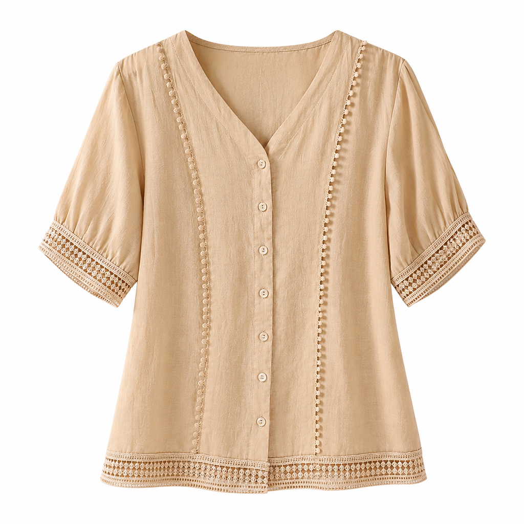 Ailany Lightweight Blouse with Decorative Trim and Lattice Cuffs