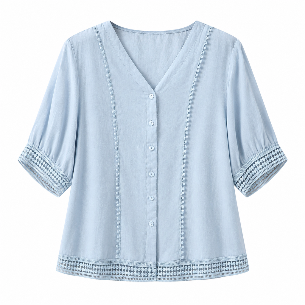 Ailany Lightweight Blouse with Decorative Trim and Lattice Cuffs