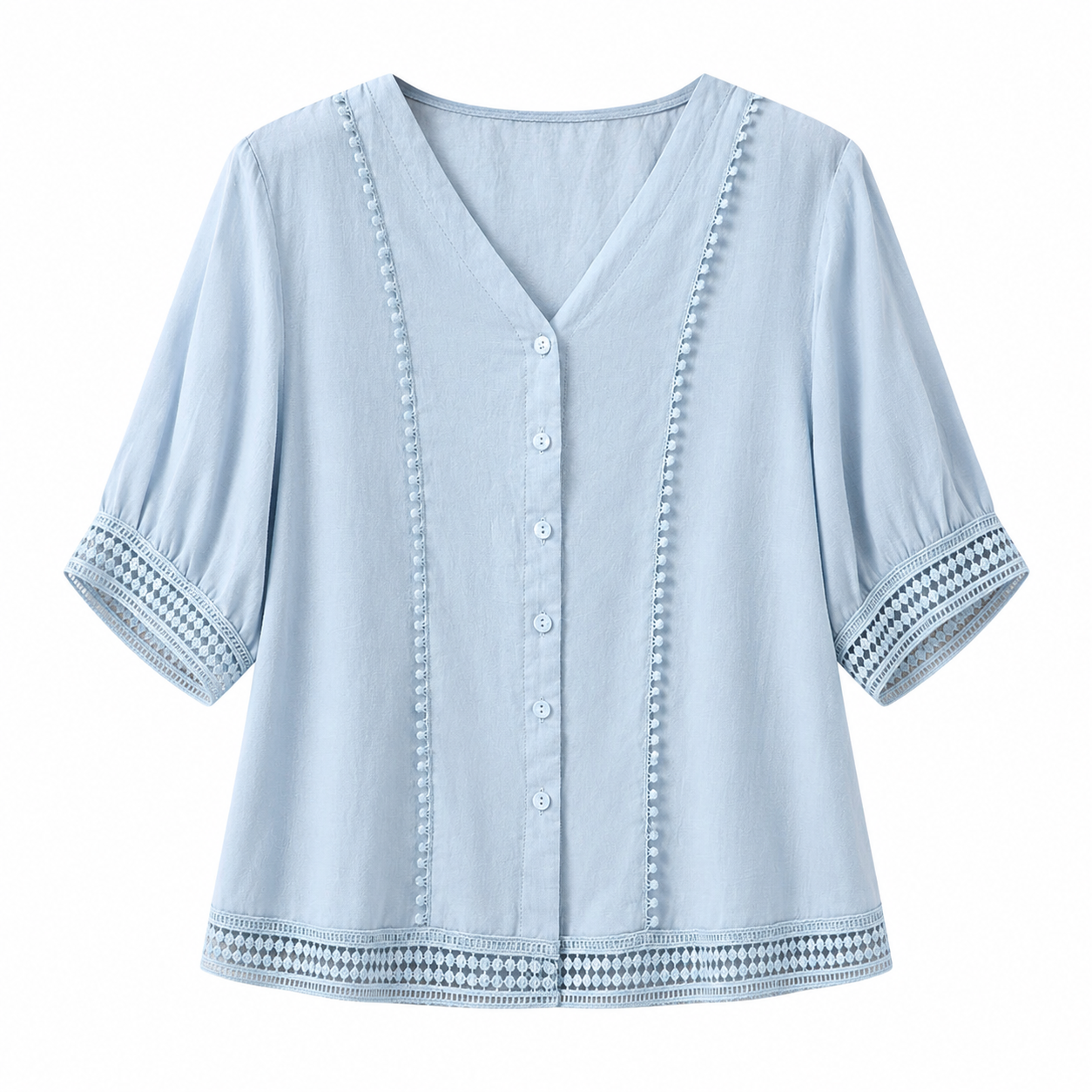 Ailany Lightweight Blouse with Decorative Trim and Lattice Cuffs
