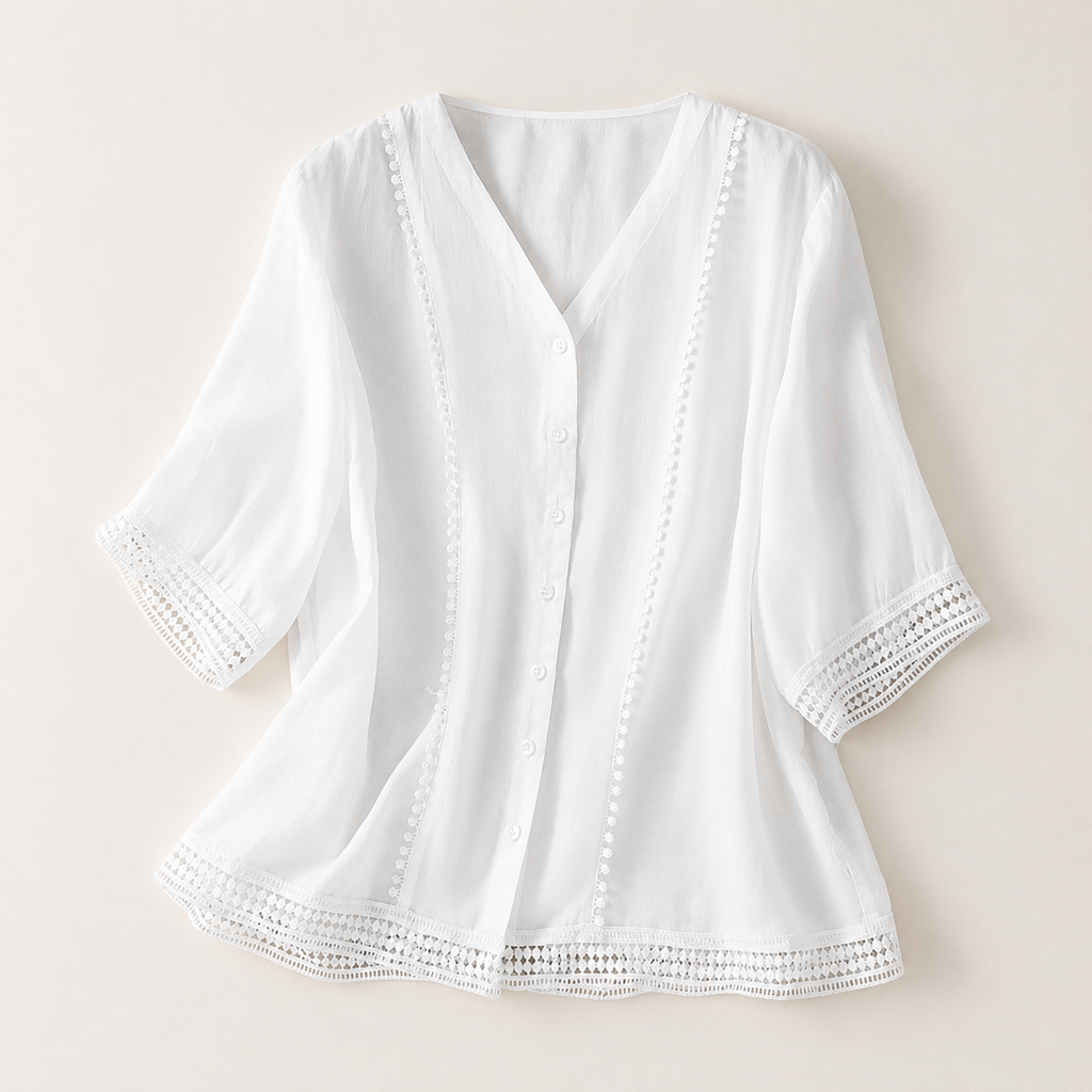 Ailany Lightweight Blouse with Decorative Trim and Lattice Cuffs