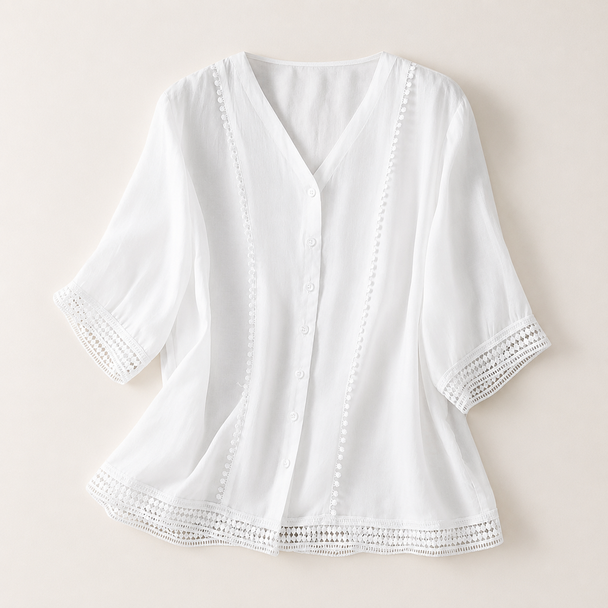 Ailany Lightweight Blouse with Decorative Trim and Lattice Cuffs
