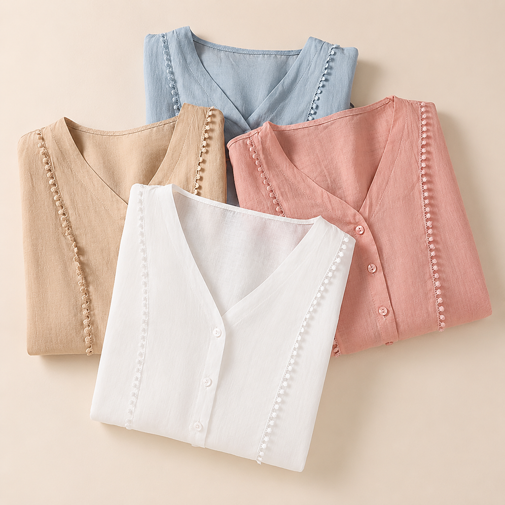 Ailany Lightweight Blouse with Decorative Trim and Lattice Cuffs