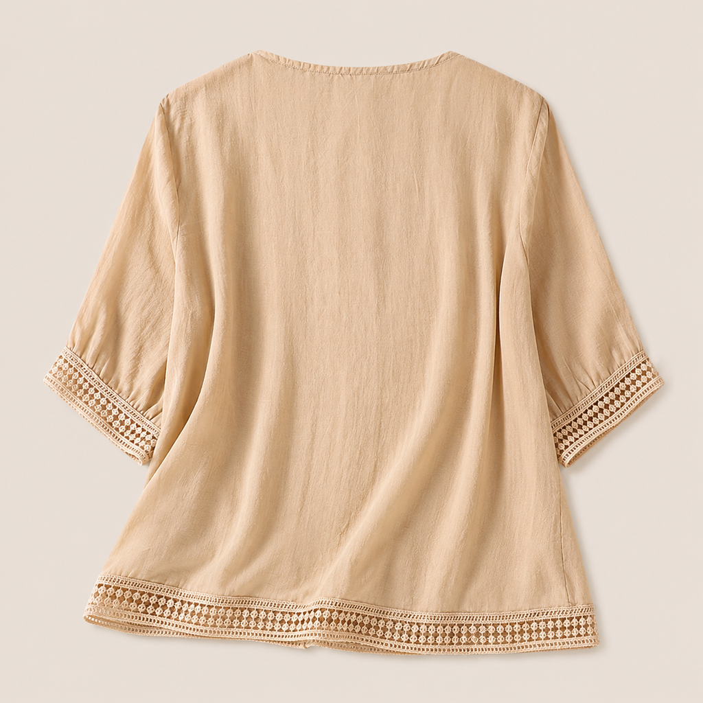 Ailany Lightweight Blouse with Decorative Trim and Lattice Cuffs