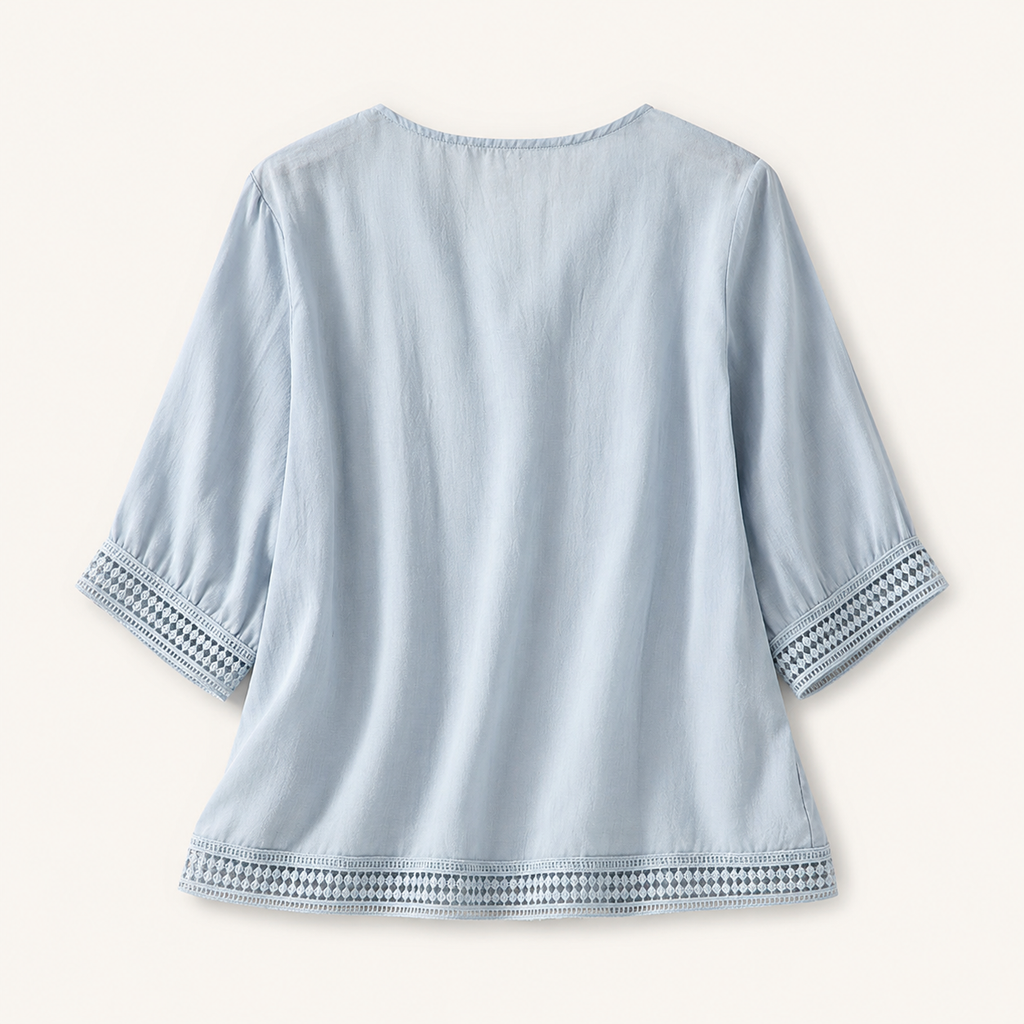 Ailany Lightweight Blouse with Decorative Trim and Lattice Cuffs
