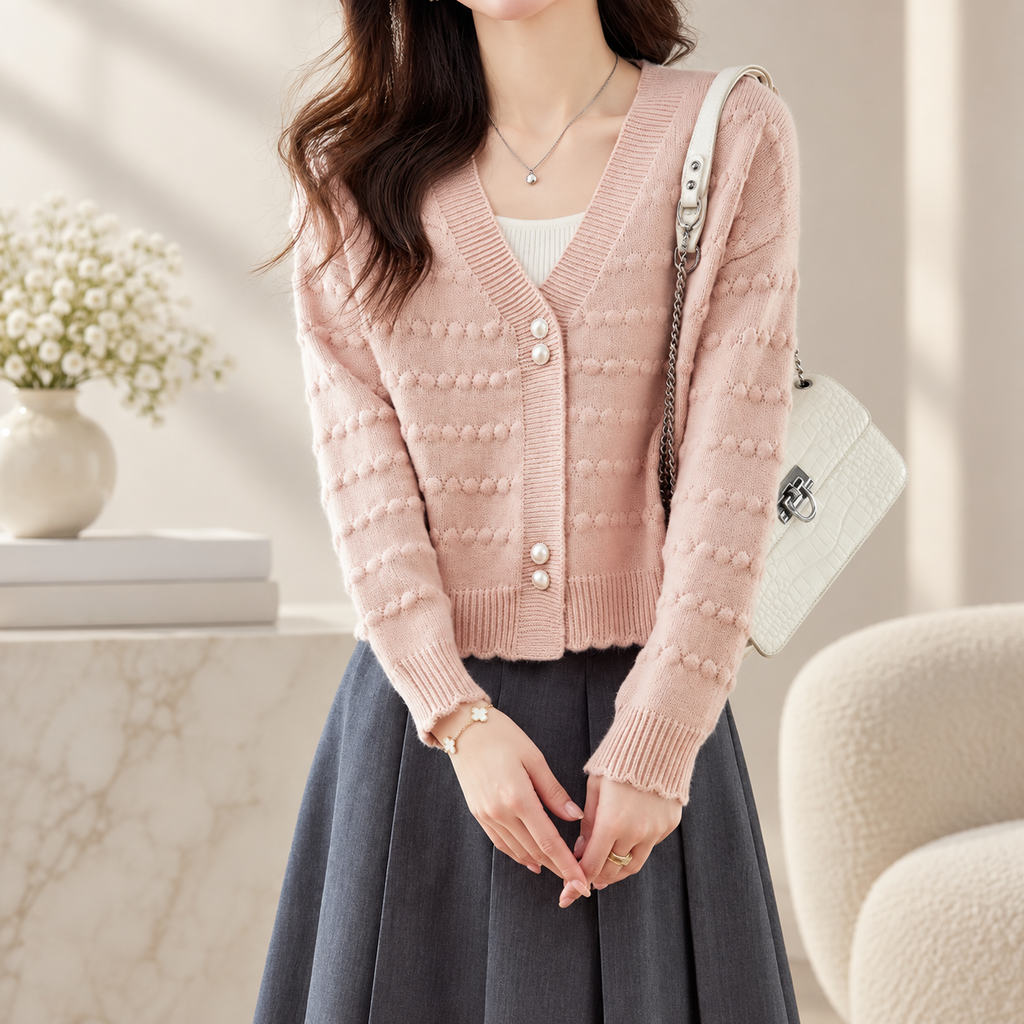 Serafina Women's Textured V-Neck Knit Cardigan with Pearl-Style Buttons