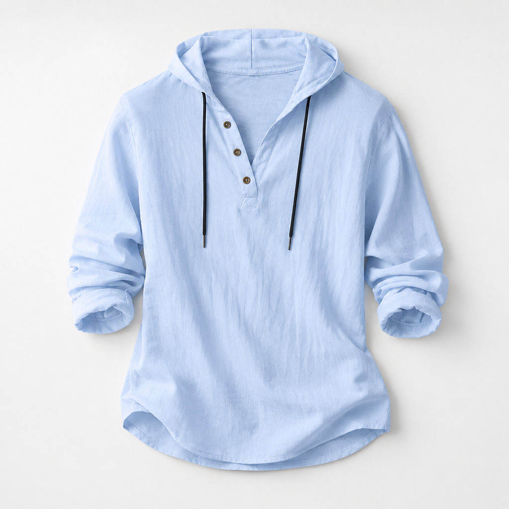 Noah Linen-Blend Pullover Shirt with Hood and Button Placket