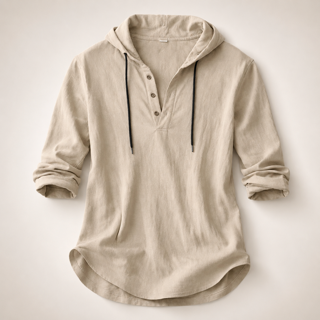 Noah Linen-Blend Pullover Shirt with Hood and Button Placket