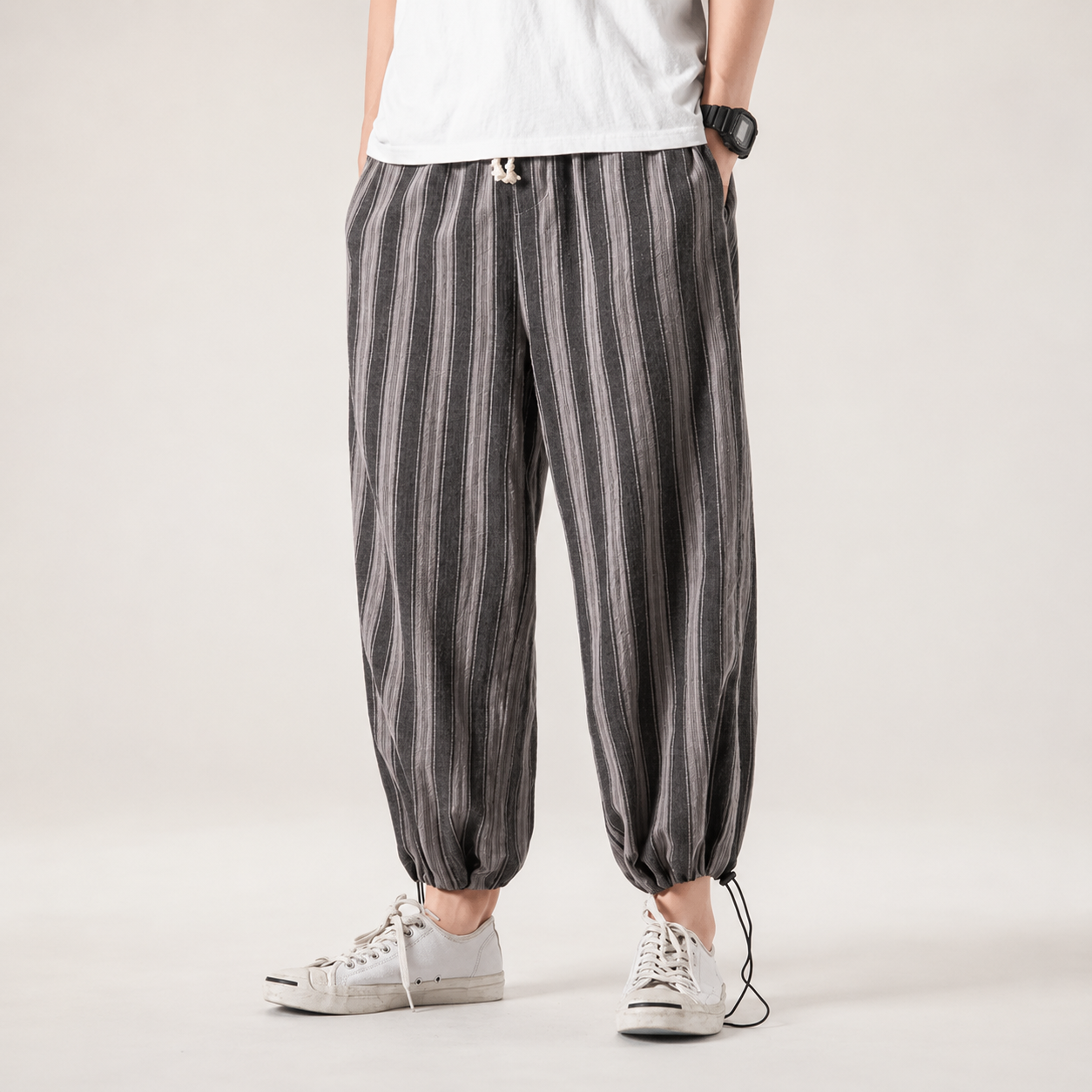 Thomas Striped Drawstring Harem Pants with Relaxed Fit and Elastic Cuffs