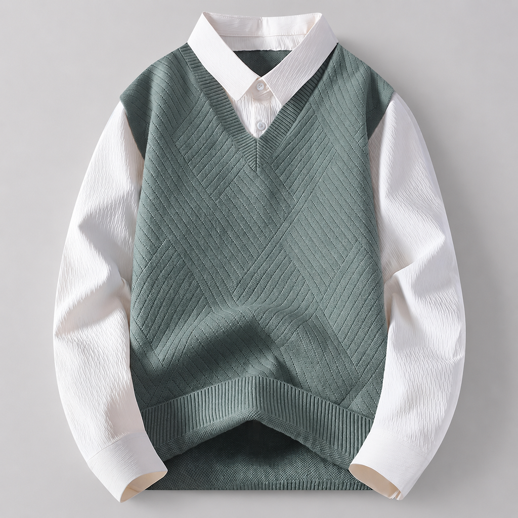 Lucien Men’s Layered V-Neck Knit Vest Shirt