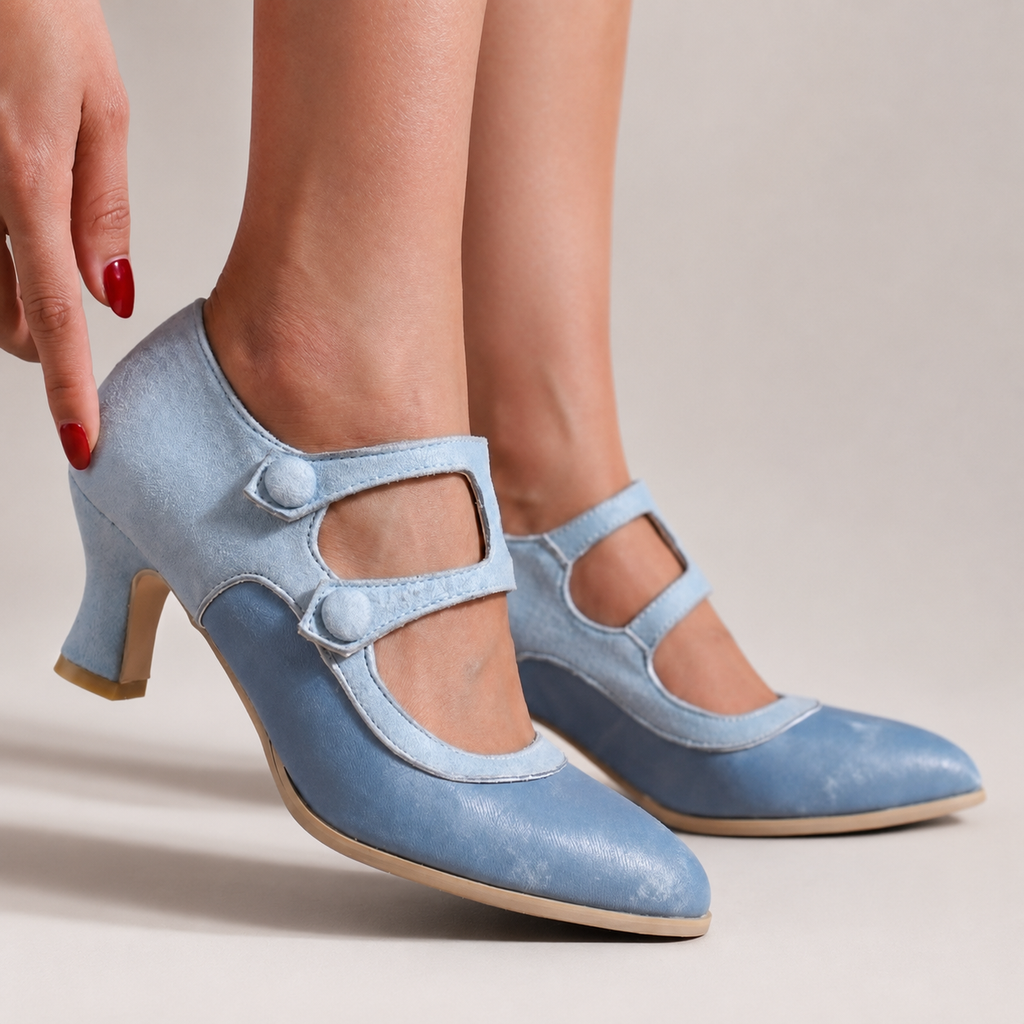 Emma Two-Tone Mary Jane Pumps with Button Straps and Mid Heels