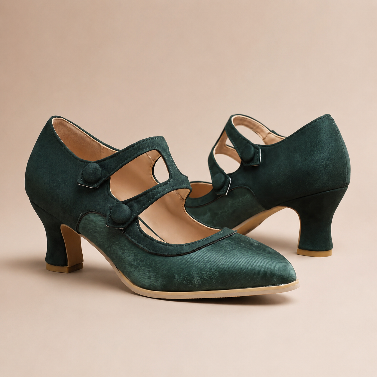 Emma Two-Tone Mary Jane Pumps with Button Straps and Mid Heels