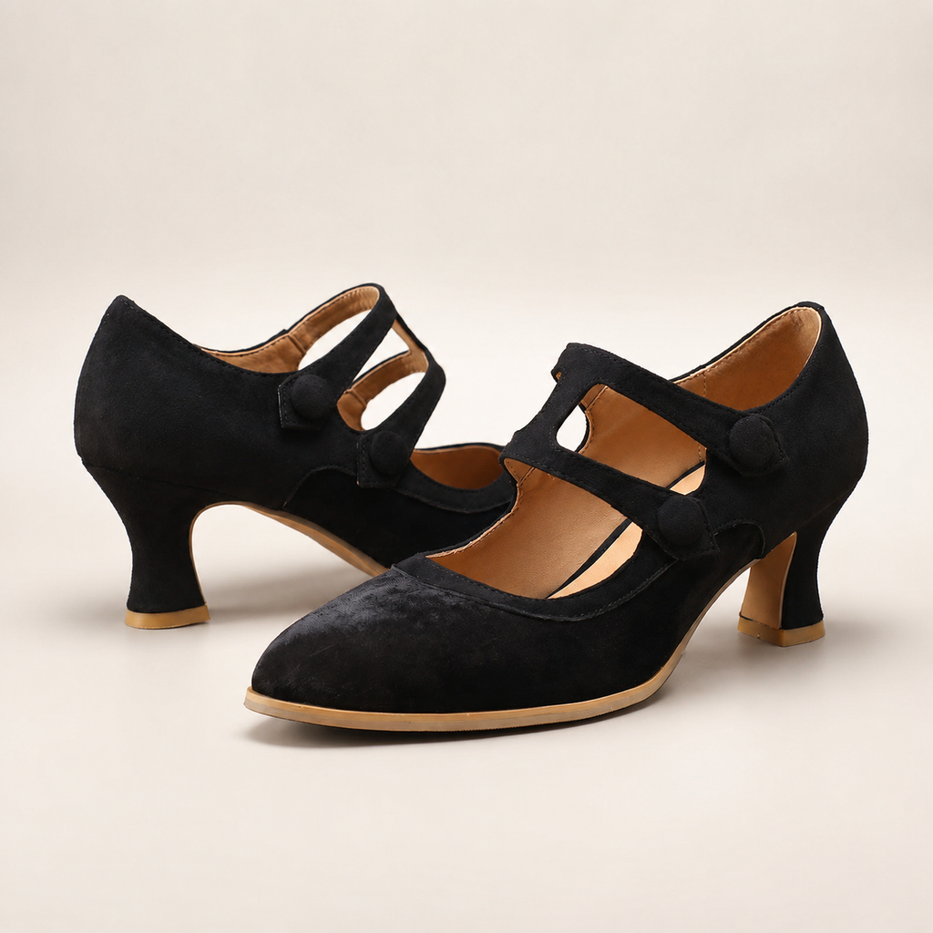 Emma Two-Tone Mary Jane Pumps with Button Straps and Mid Heels