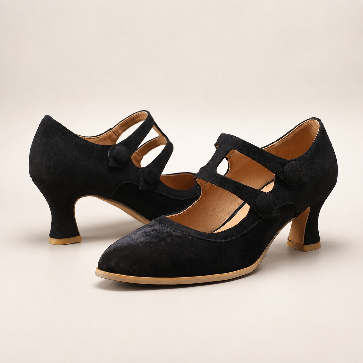Emma Two-Tone Mary Jane Pumps with Button Straps and Mid Heels