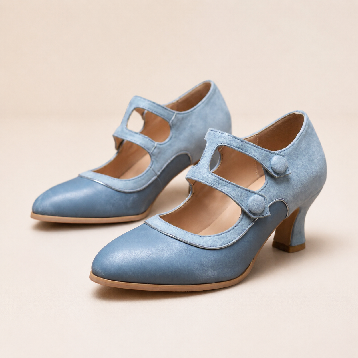 Emma Two-Tone Mary Jane Pumps with Button Straps and Mid Heels