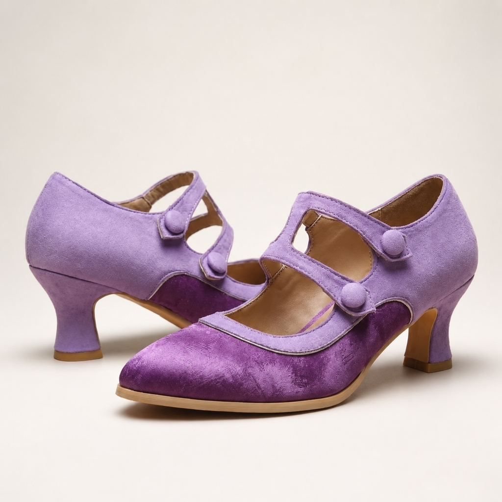 Emma Two-Tone Mary Jane Pumps with Button Straps and Mid Heels