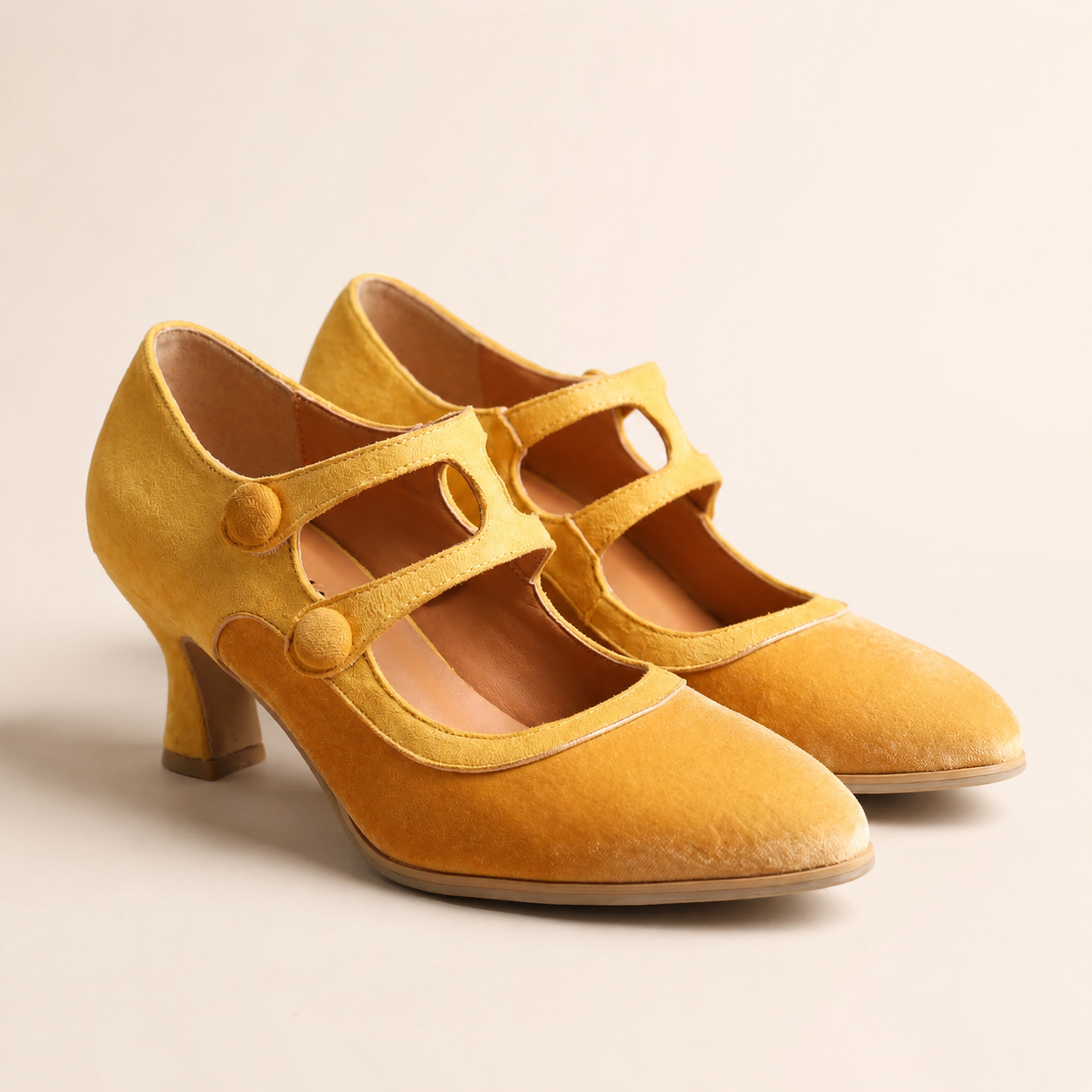 Emma Two-Tone Mary Jane Pumps with Button Straps and Mid Heels