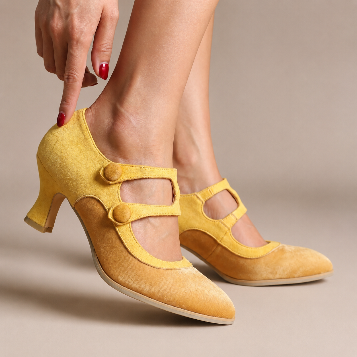Emma Two-Tone Mary Jane Pumps with Button Straps and Mid Heels