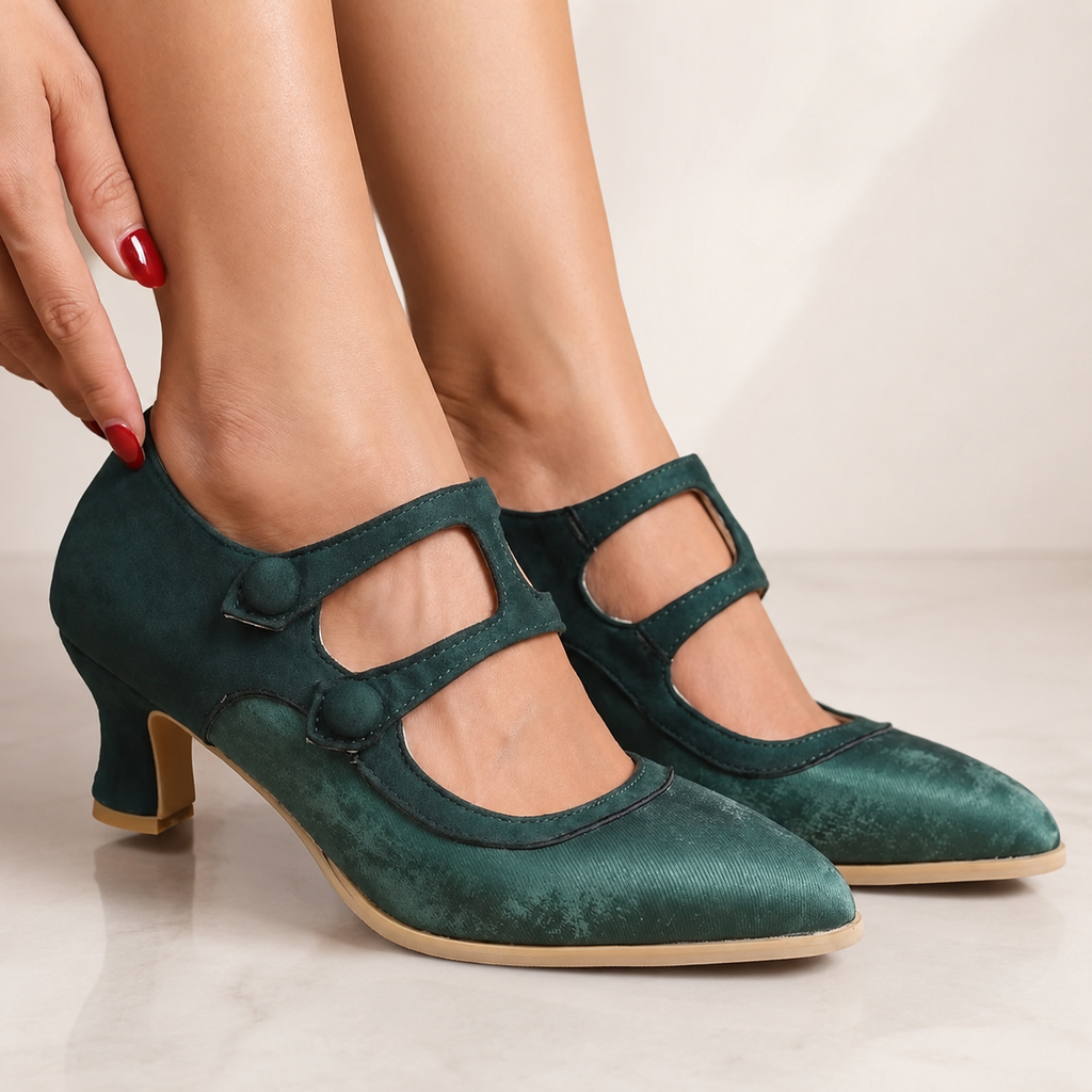Emma Two-Tone Mary Jane Pumps with Button Straps and Mid Heels