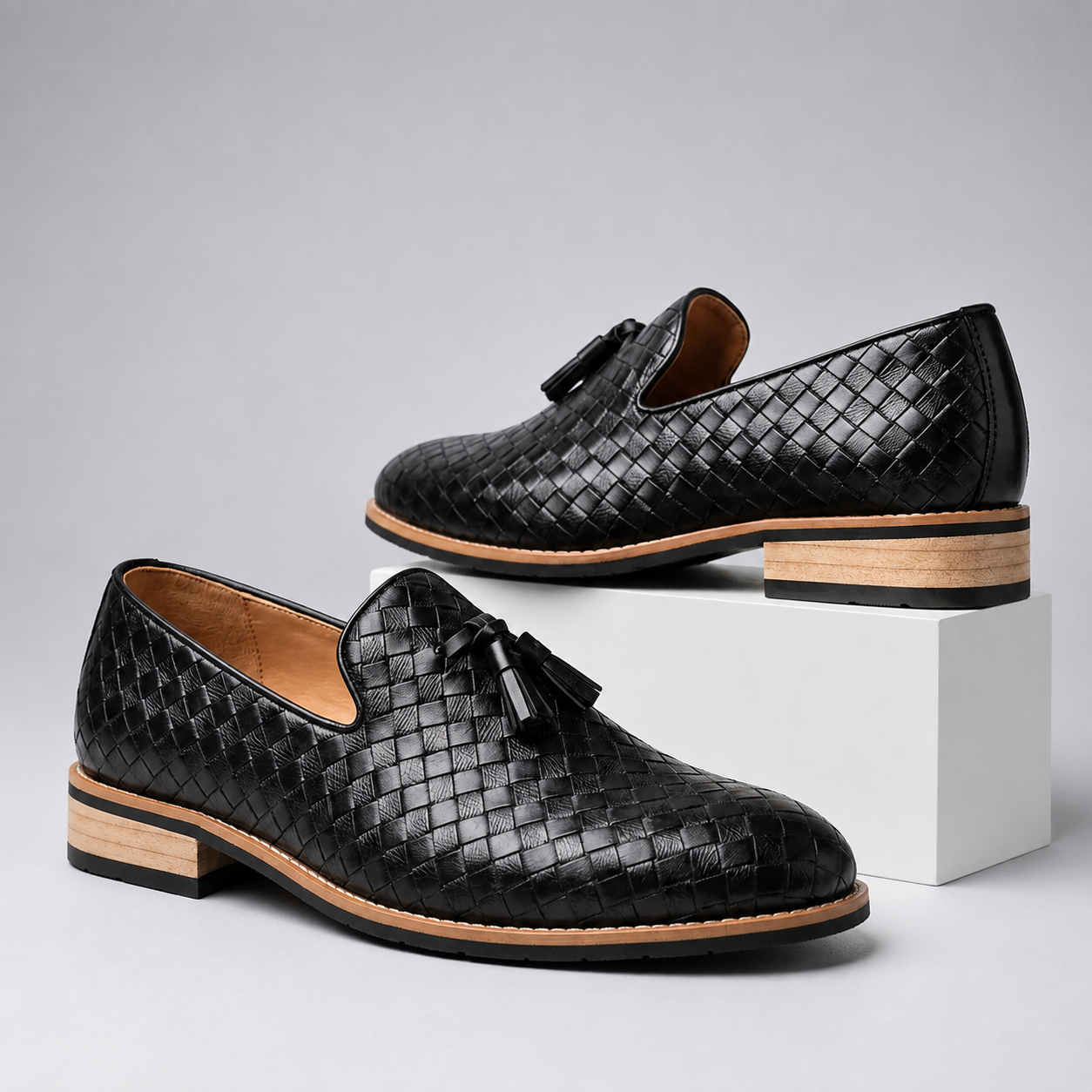 Hudson Men’s Woven Leather Tassel Loafers