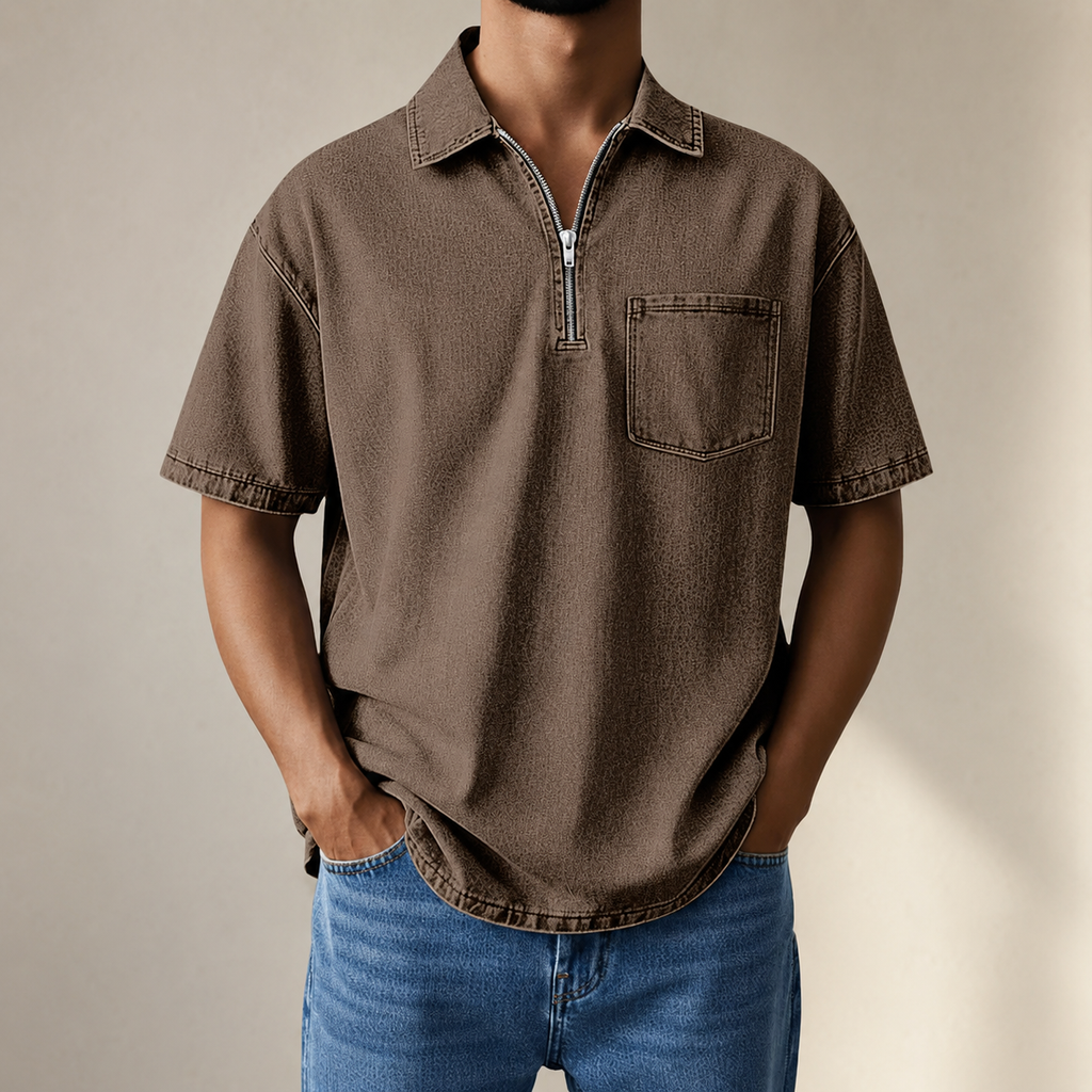 Aaron Men’s Denim-Look Zip Collar Shirt