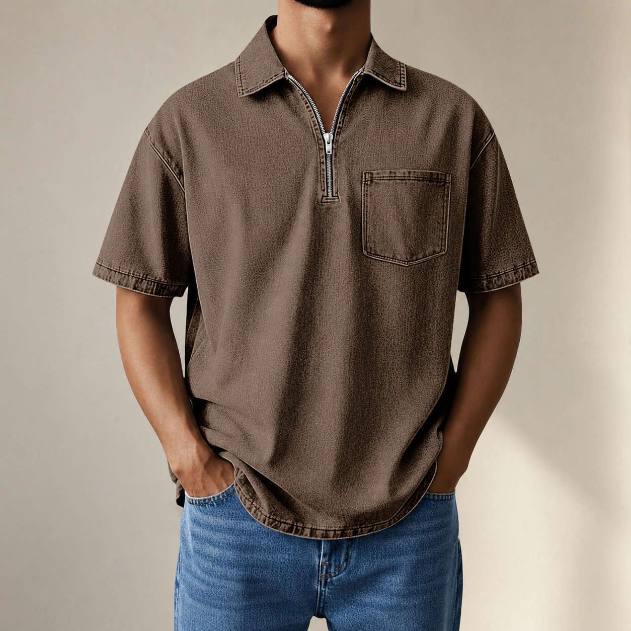 Aaron Men’s Denim-Look Zip Collar Shirt