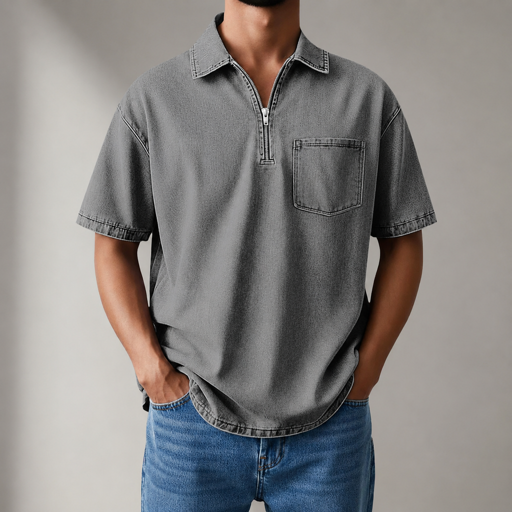 Aaron Men’s Denim-Look Zip Collar Shirt