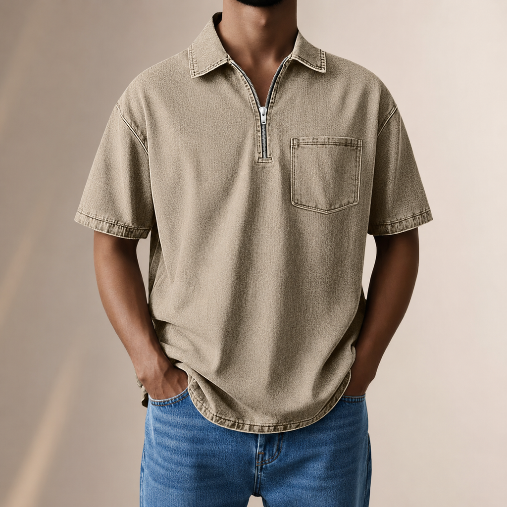Aaron Men’s Denim-Look Zip Collar Shirt