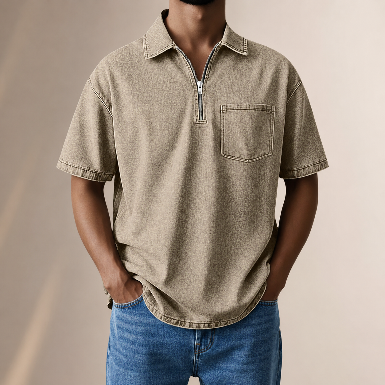Aaron Men’s Denim-Look Zip Collar Shirt