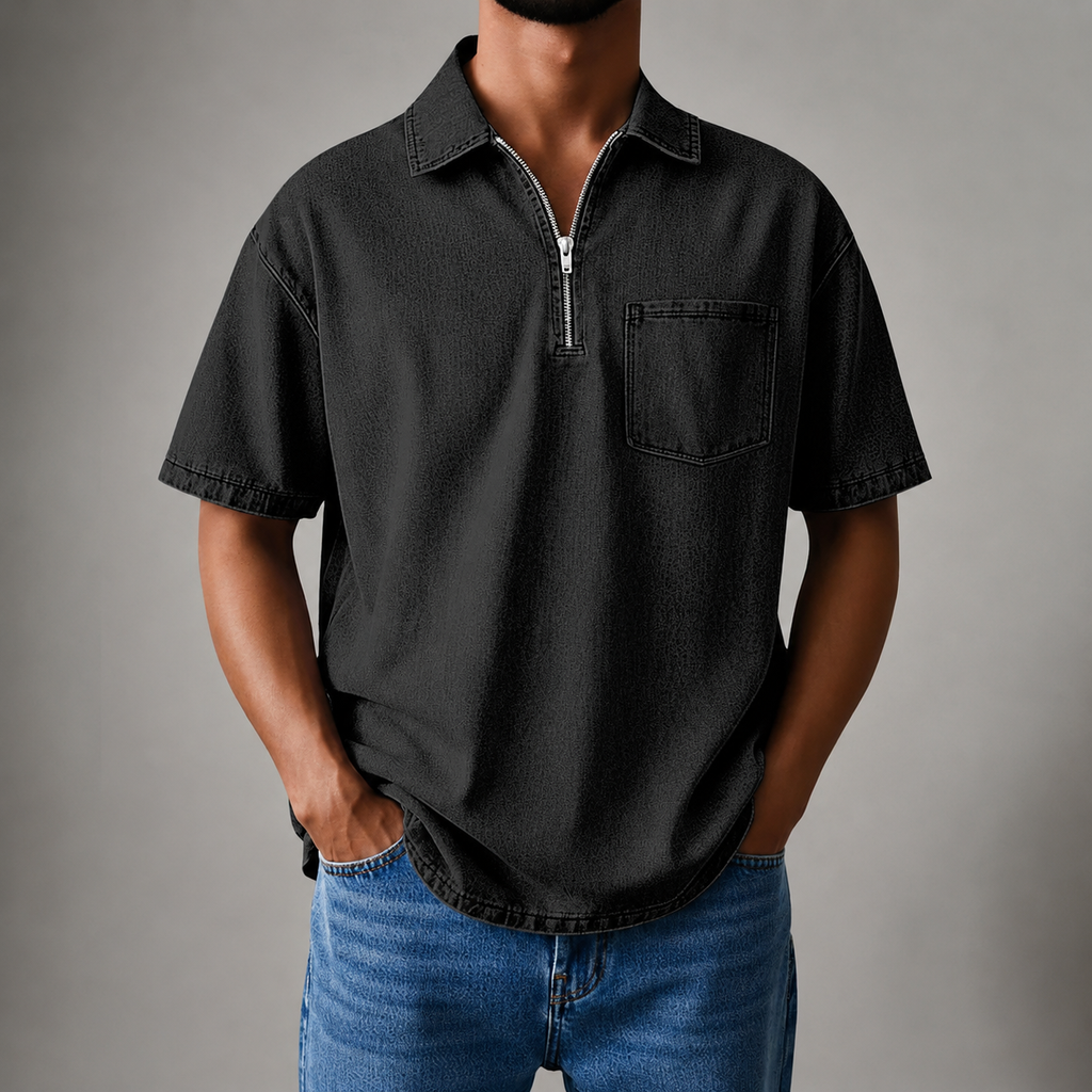 Aaron Men’s Denim-Look Zip Collar Shirt
