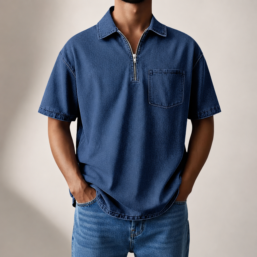 Aaron Men’s Denim-Look Zip Collar Shirt